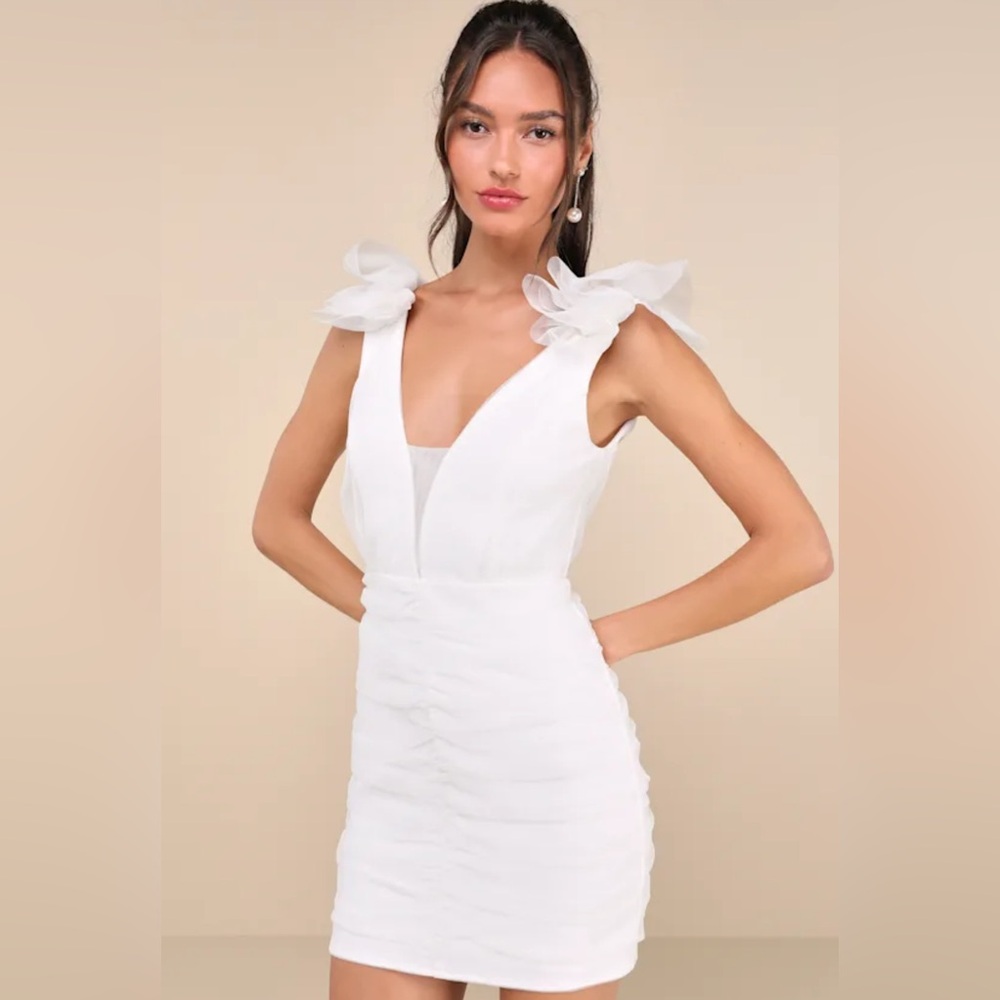 NWT Peak Poise White Tulle Ruffled Bodycon Mini Dress | Size Small
